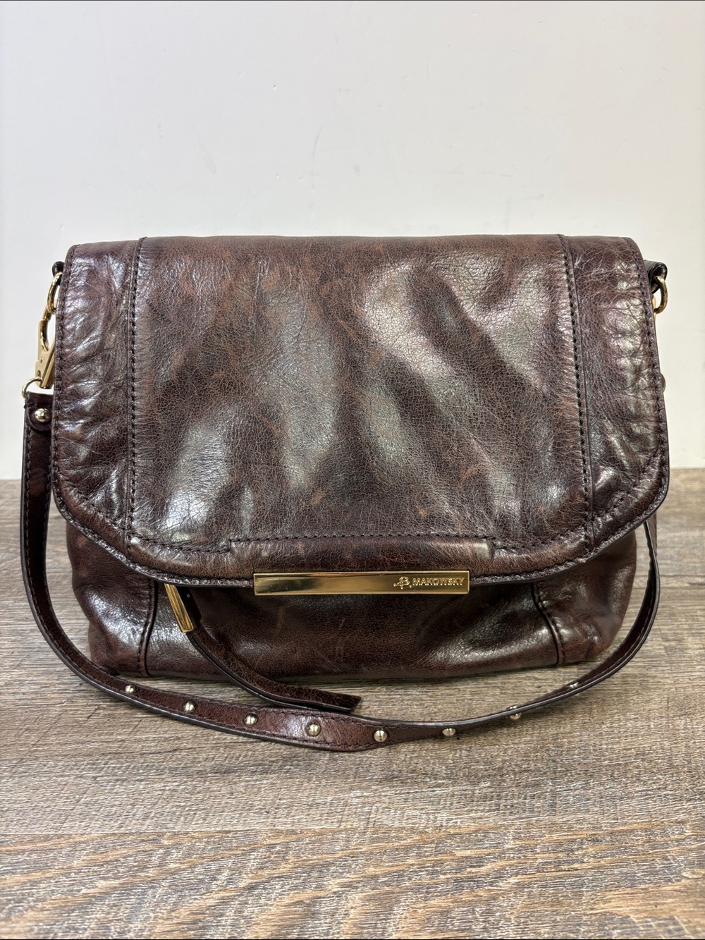 B. Makowsky Distressed Brown Leather Shoulder Bag